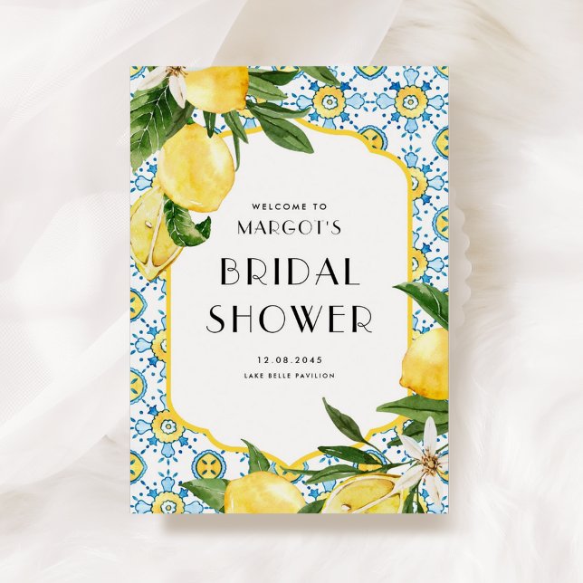 Affiche Aquarelle Citrons et Carrelage Marocain : Réceptio (Watercolor Lemons and Moroccan Tile Pattern Summer Baby Shower Welcome Sign)