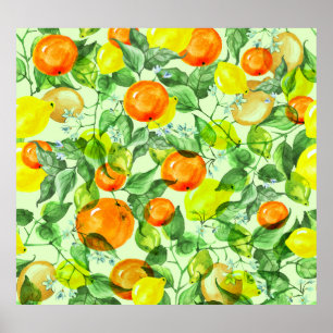 Affiche Aquarelle citrons, fleurs, agrumes motif.