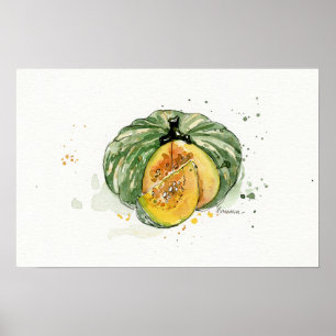 Affiche Aquarelle, Citrouille, art de cuisine végétale