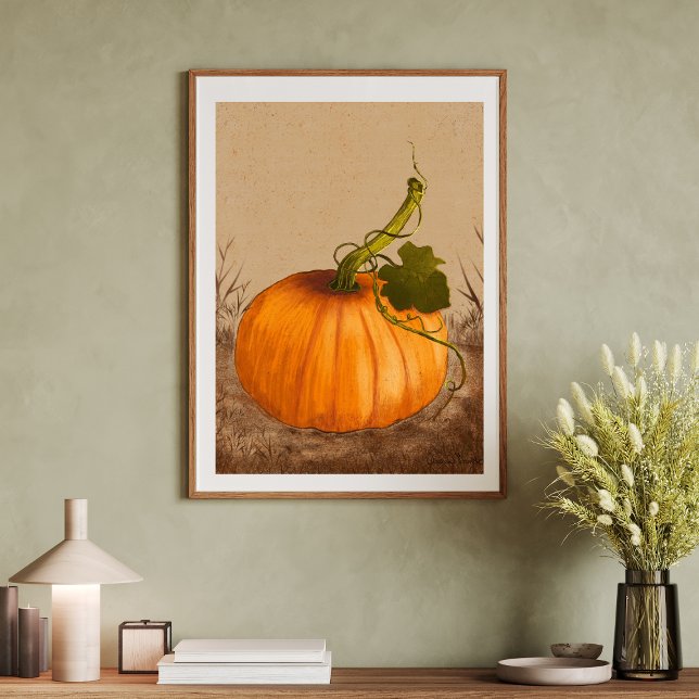 Affiche Aquarelle Citrouille vintage (Original Watercolor Art. Vintage pumpkin on a rustic background.)