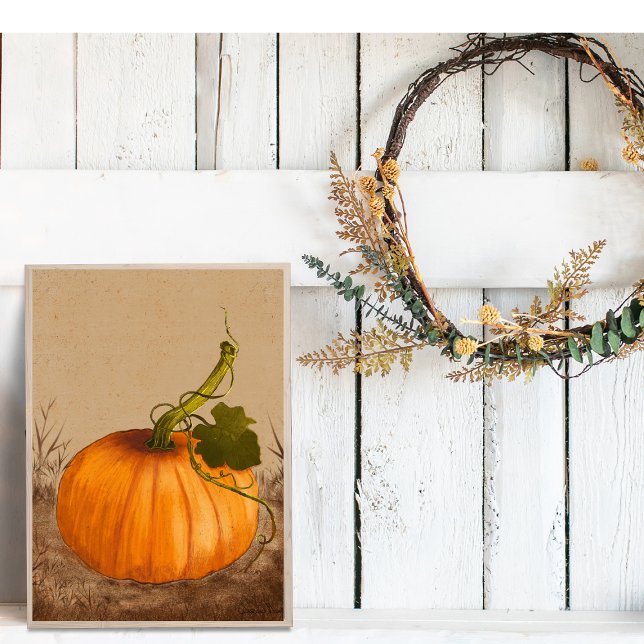 Affiche Aquarelle Citrouille vintage (Original Watercolor Art. Vintage pumpkin on a rustic background.)