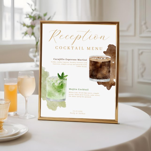 Affiche Aquarelle Cocktails Mariage Réception Boisson Menu (Watercolor Cocktails Wedding Reception Drink Menu Poster)