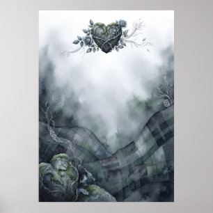 Affiche aquarelle coeur celtique tartan vert brume