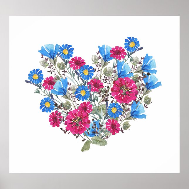 Affiche Aquarelle coeur fleuri, arang fleur sauvage lumine (Devant)