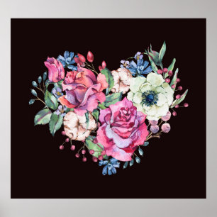 Affiche Aquarelle coeur floral : roses vintages.