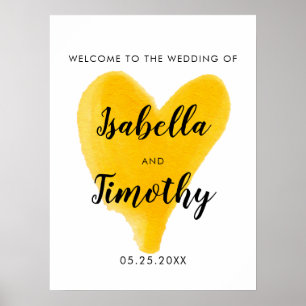 Affiche Aquarelle coeur jaune accueil mariage lettrage