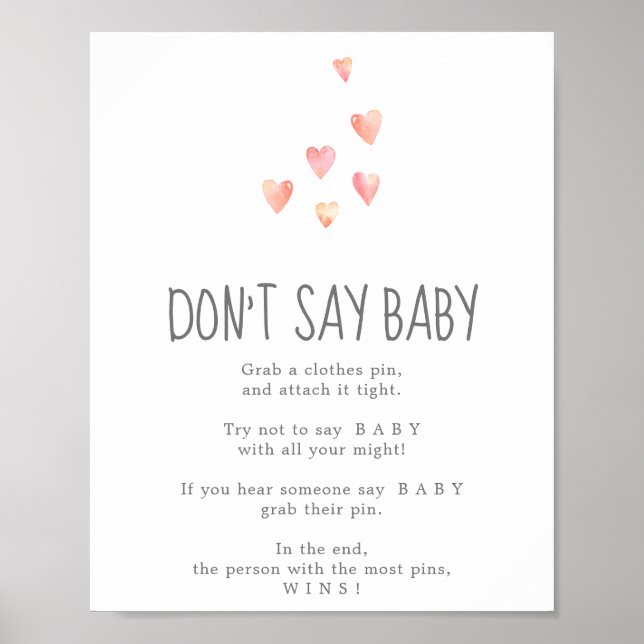 Affiche Aquarelle Coeurs fille ne pas dire bébé Jeu Signe (Devant)