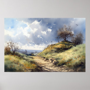 Affiche Aquarelle colline chemin sinueux chemin bleu ciel