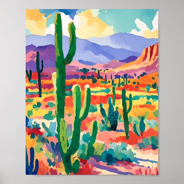 Affiche Aquarelle colorée Cactus Imprimer (Devant)