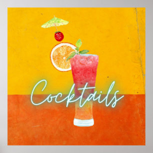 Affiche Aquarelle colorée et cocktails tropicaux néon
