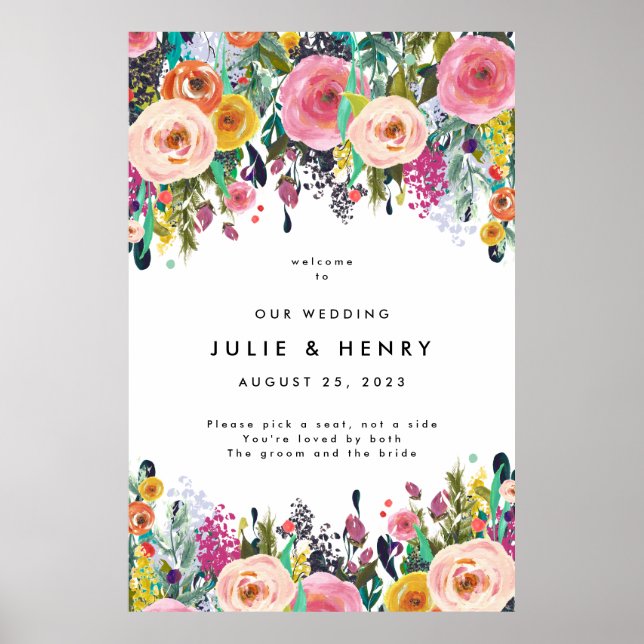 Affiche Aquarelle colorée Fleur Jardin Mariage Bienvenue (Devant)