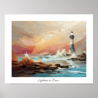 Affiche Aquarelle colorée Phare du bord de mer à Dawn