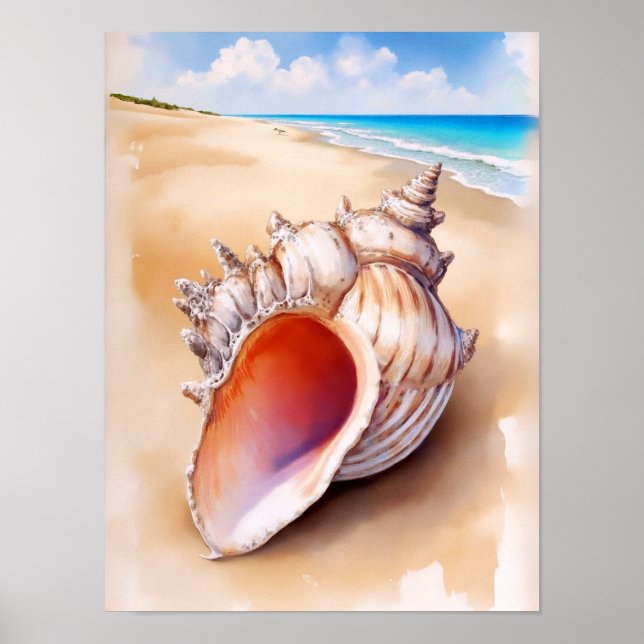 Affiche Aquarelle Conch Shell sur la plage (Devant)