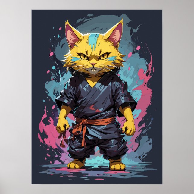 Affiche Aquarelle cool Jaune Ninja Chat Guerrier (Devant)