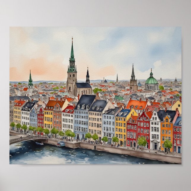Affiche Aquarelle Copenhagen Danemark (Devant)