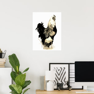 Affiche Aquarelle Coq Poule Ferme Oiseau Noir Blanc
