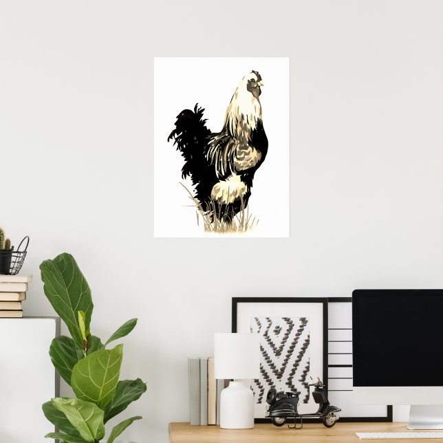 Affiche Aquarelle Coq Poule Ferme Oiseau Noir Blanc (Bureau à domicile)