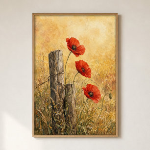 Affiche aquarelle Coquelicots au bord de la clôtur
