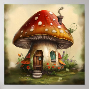 Affiche Aquarelle Cottage d'art de champignons enchantés