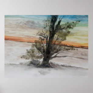 Affiche Aquarelle Coucher de soleil naturel Peinture paysa