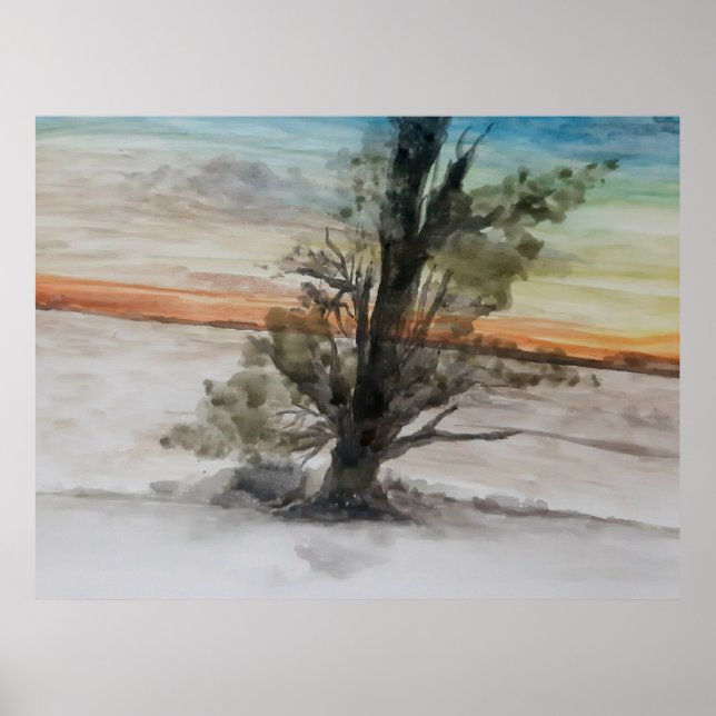 Affiche Aquarelle Coucher de soleil naturel Peinture paysa (Devant)