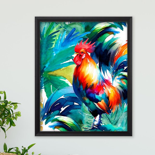 Affiche Aquarelle couleur coq (Sol the rooster watercolor print in vibrant shades of tropical green, blue and red.)