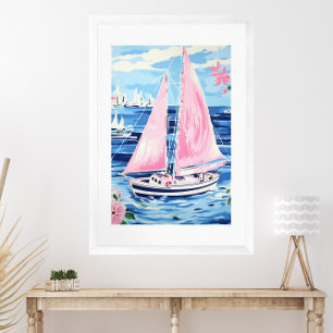 Affiche Aquarelle couleur rose voilier Côte Bleu