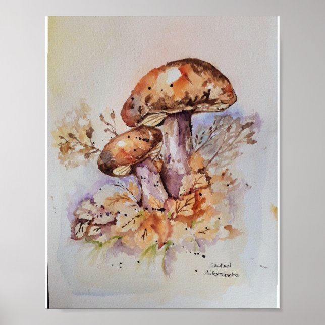 Affiche Aquarelle couleurs automne champignons (Devant)