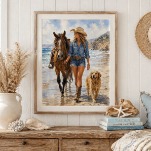 Affiche Aquarelle Cowgirl Côtière Promenade de Plage Art M