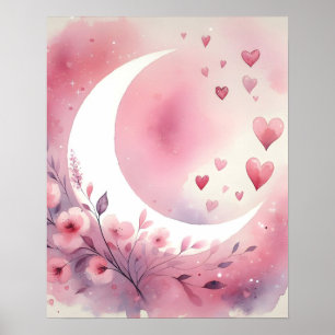 Affiche Aquarelle Crescent Lune, Coeurs, Fleurs de cerisie