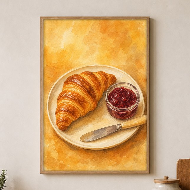Affiche aquarelle Croissant avec Pot de Confiture (Shown framed for scale. Poster ships unframed; frames are an optional add-on.)