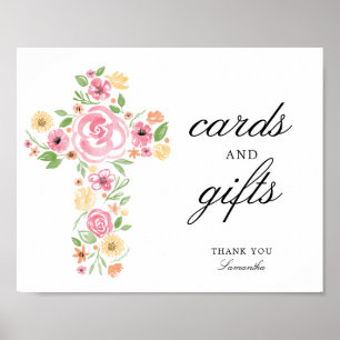 Affiche Aquarelle Croix rose Fleur première communion