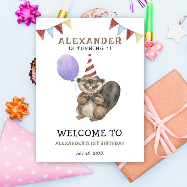 Affiche Aquarelle Cute Beaver 1er anniversaire (Créateur téléchargé)