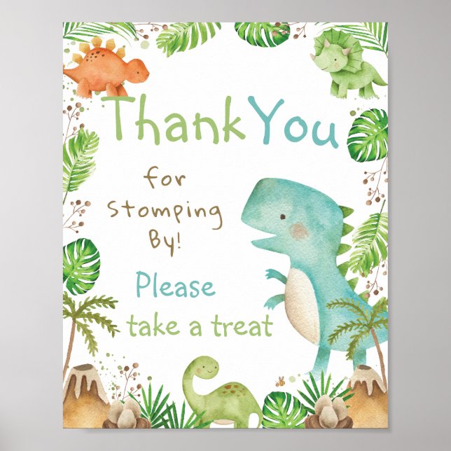 Affiche Aquarelle Cute Dinosaures Merci vert (Devant)