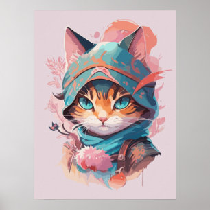 Affiche Aquarelle Cute Hoded Ninja Chat