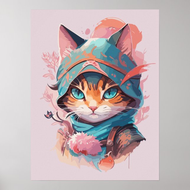 Affiche Aquarelle Cute Hoded Ninja Chat (Devant)