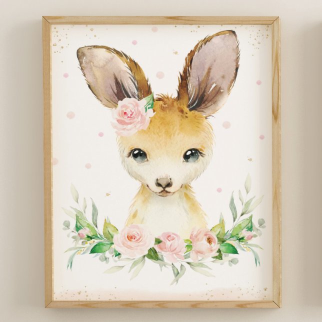 Affiche Aquarelle Cute Kangaroo Blush Pink Floral Wall (Créateur téléchargé)