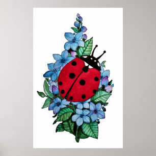 Affiche Aquarelle Cute Ladybird Avec Fleurs Bleues Sauvage