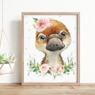 Affiche Aquarelle Cute Platypus Blush Pink Floral Wall