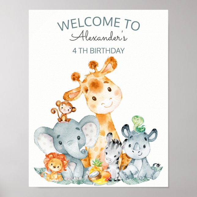Affiche Aquarelle Cute Safari Jungle Animaux Anniversaire (Devant)