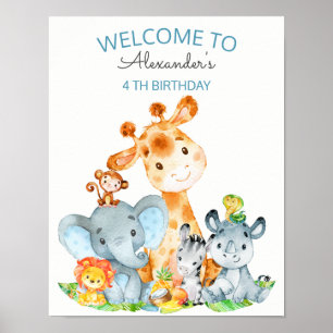 Affiche Aquarelle Cute Safari Jungle Animaux Anniversaire