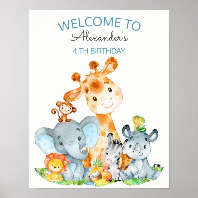 Affiche Aquarelle Cute Safari Jungle Animaux Anniversaire (Devant)