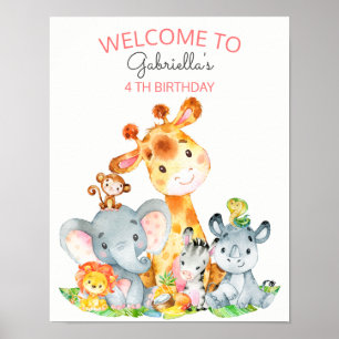 Affiche Aquarelle Cute Safari Jungle Animaux Anniversaire