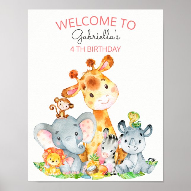 Affiche Aquarelle Cute Safari Jungle Animaux Anniversaire (Devant)