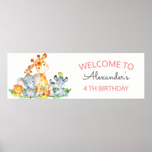 Affiche Aquarelle Cute Safari Jungle Animaux Anniversaire