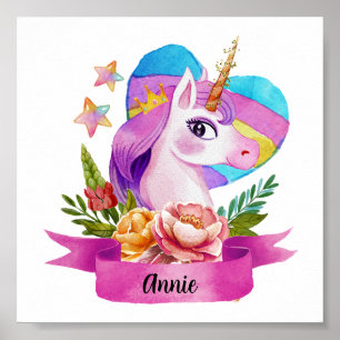 Affiche Aquarelle Cute Unicorn Coeur Nom personnalisé