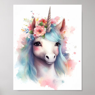 Affiche Aquarelle Cute Unicorne Avec Cheveux Bleu