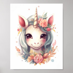Affiche Aquarelle Cute Unicorne Avec Portrait Fleurs