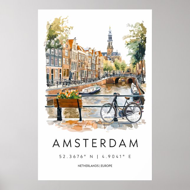 Affiche aquarelle d'Amsterdam Impression de voyage (Devant)
