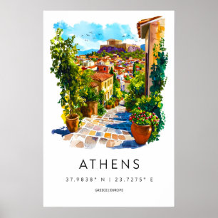 Affiche aquarelle d'Athènes Impression de voyage à